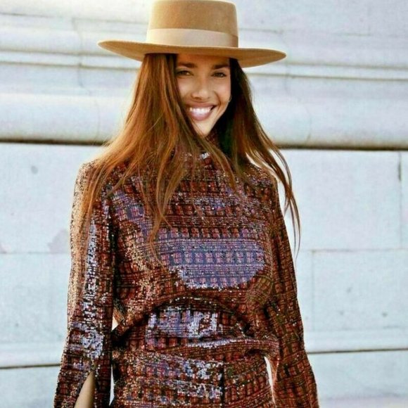 ZARA NEW WITH TAGS SEQUIN ORANGE AND BLACK TOP - Picture 2 of 7